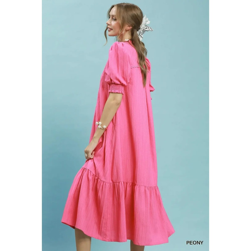 Umgee Textured Puff Sleeve Midi Dress - Peony - Small - Picture 2 of 5